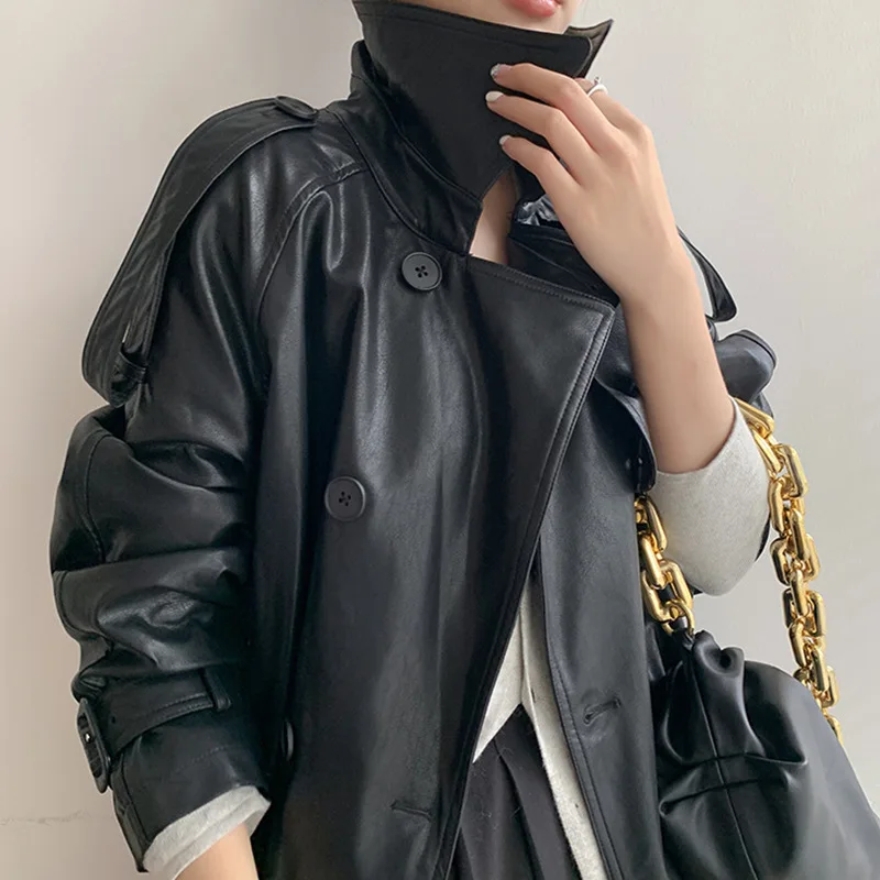 2022 Chaqueta Cuero Moto Mujer Spring Women's New Retro Motorcycle Leather Jacket Mid-Length Slim and High-End Pu Leather Coat