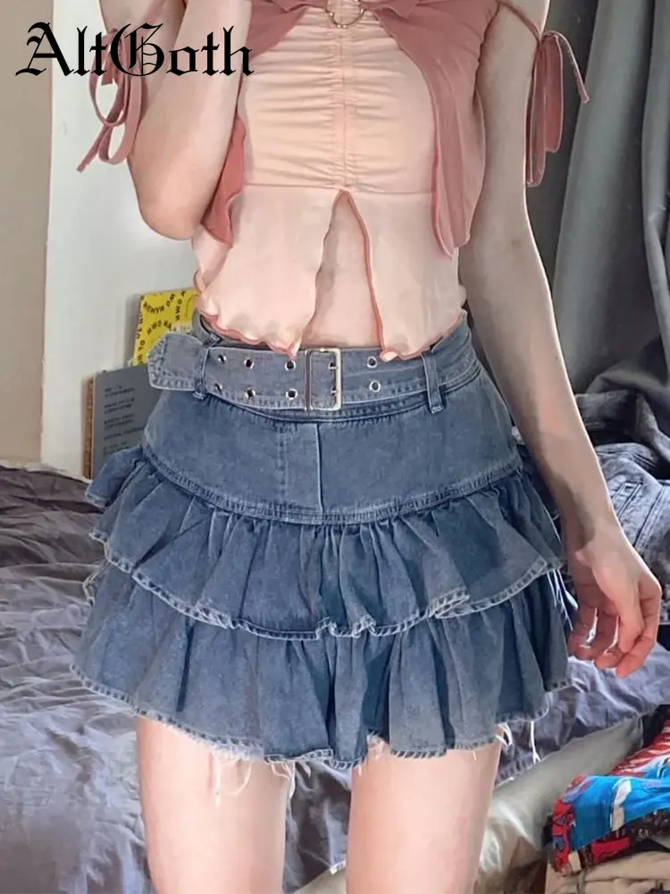 

AltGoth Fairycore Grunge Denim Skirt Women Pastel Goth High Waist Belt Clubwear Skirt Y2k E-girl 2000s Emo Alt Rave Outfit Femme