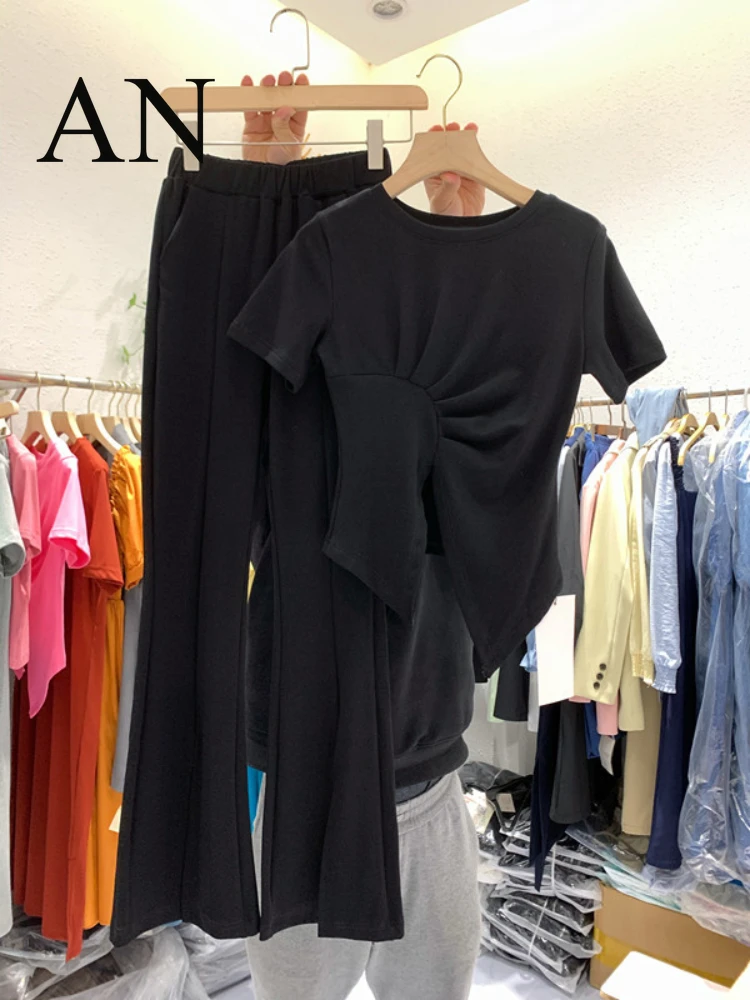 Новый Повседневный брючный костюм с разрезом новая облегающая короткая футболка