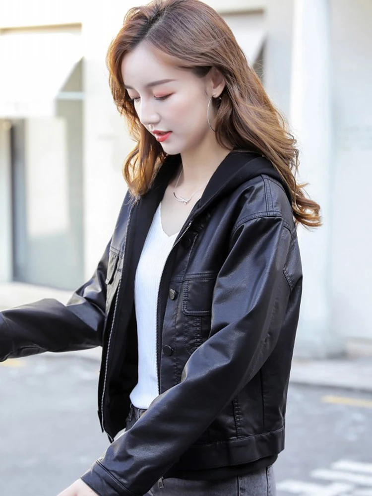 New Women Motorbiker Leather Jacket Spring Autumn Fashion Splice Hooded Loose Short Coat Split Leather Casual Outerwear Female