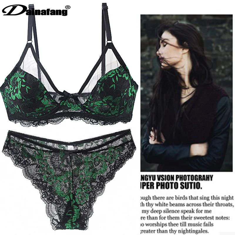 

Ultra-Thin Thick Cup Mesh Lace Underwear Transparent Bra Sets Beauty Back Hollow Embroidery Female Lingerie