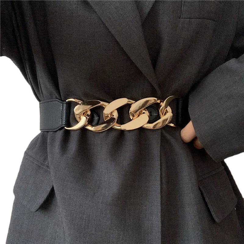 

Luxury Brand Gold Chain Belt Elastic Silver Metal Wide Waist Belts for Women Stretch Ladies Coat Ketting Riem Waistband Feminino