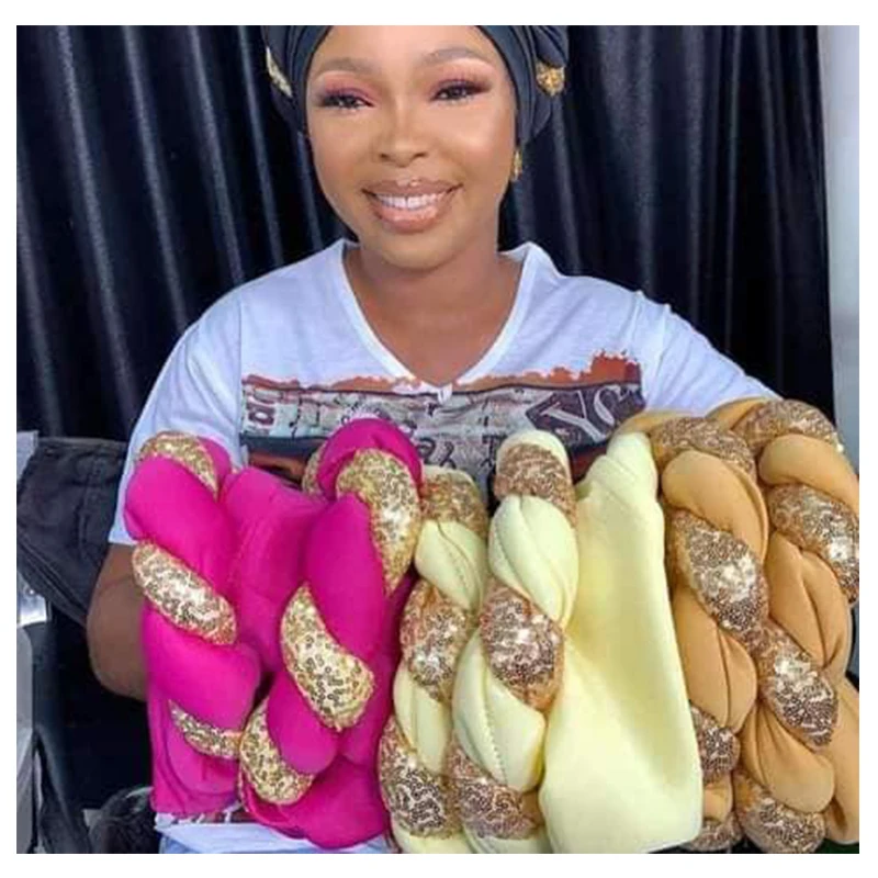 

2022 Fashion African Women Solid Color Headtie African Caps Fashion African Auto Gele Headtie Sequins Braids Women's Turban Cap