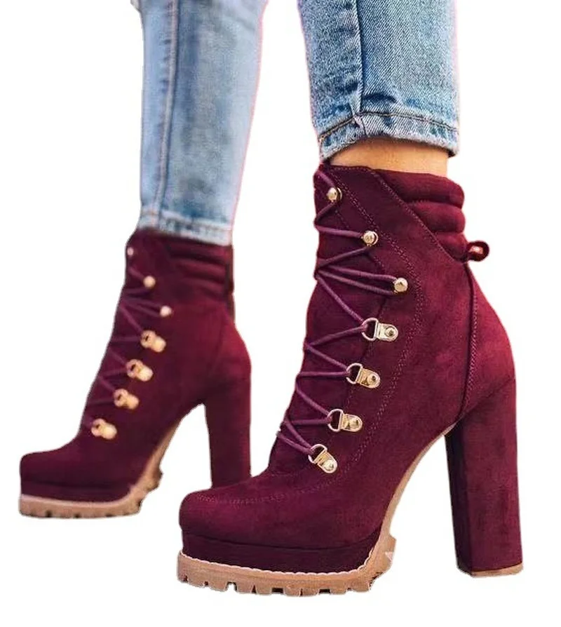 2022 Women Flock Rivet Ankle Boots Female Square High Heels Autumn Fashion Sexy Lace-Up Shoes Ladies Retro Footwear Plus Size 43