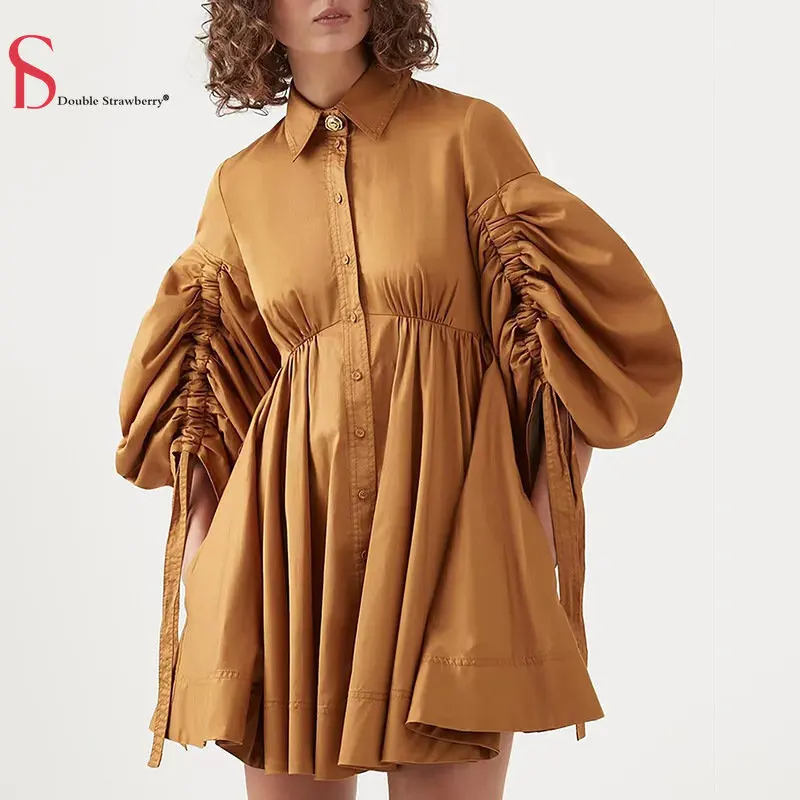 

Женское однобортное платье с лацканами, однотонное платье с пузырьковым рукавом, на шнуровке, осень