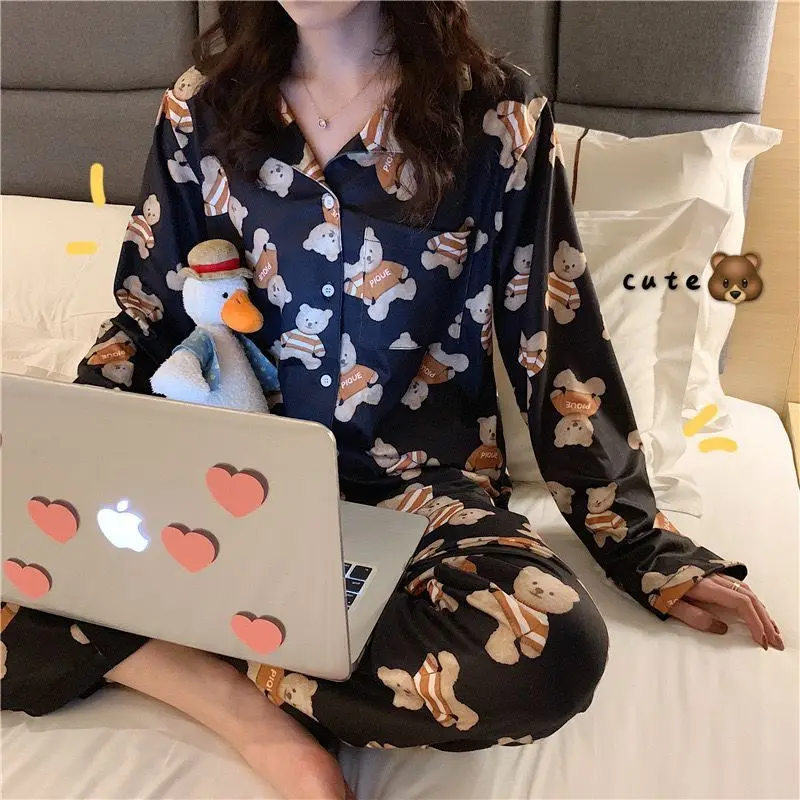 Cotton Pajamas Women Summer Long-sleeved Trousers Two-piece Suit Women's Satin Loose Printed Home Wear Casual Fashion Pajamas