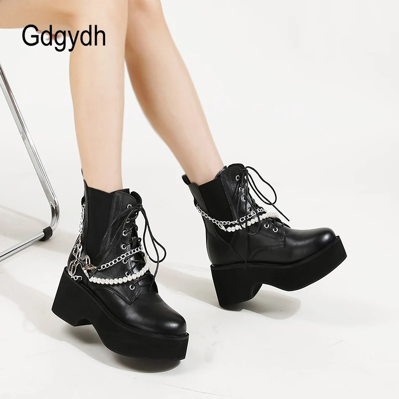 Gdgydh Women Chunky Boots Platform Heels Lace Up Fashion Pear Combat Ankle Boots Side Zipper Chain Decor Daughter Concert