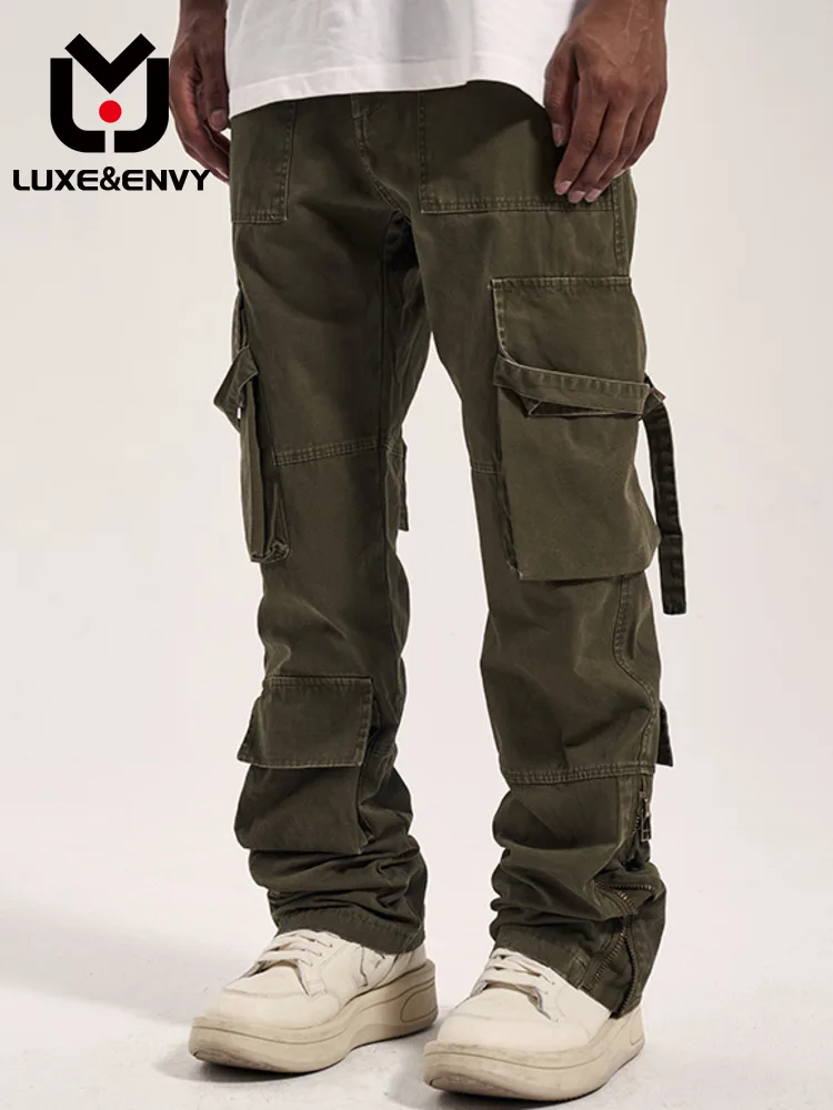 

LUXE&ENVY High Street Men Do Old Vintage Multi-pocket Lacing Tide Brand Cargo Casual Pants Spring Summer 2023 New