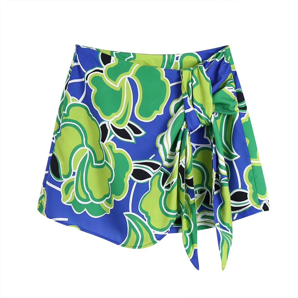 

URMASZA2022 Female clothing New Fashion printed Side zipper lacing short pants Vintage High Waist Summer shorts for women