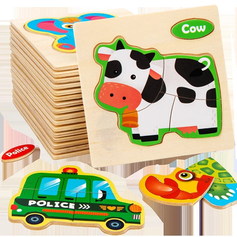 Baby Montessori Toys 3d Wooden Puzzle Cartoon Animal Traffic Jigsaw Puzzle Early Learning Educational Toys for Children Gift