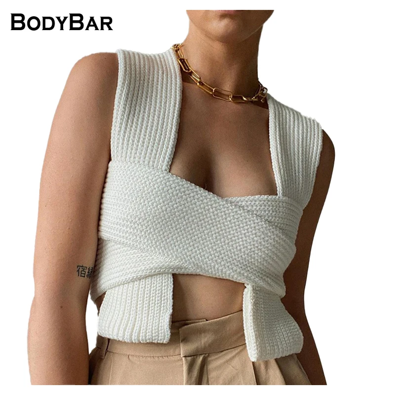 

2021 Cropped Top Knitted Sleeveless Sweater Tee Sexy Summer Vest Casual Solid Color Jumpers Tops For Female Tank Party Clothing