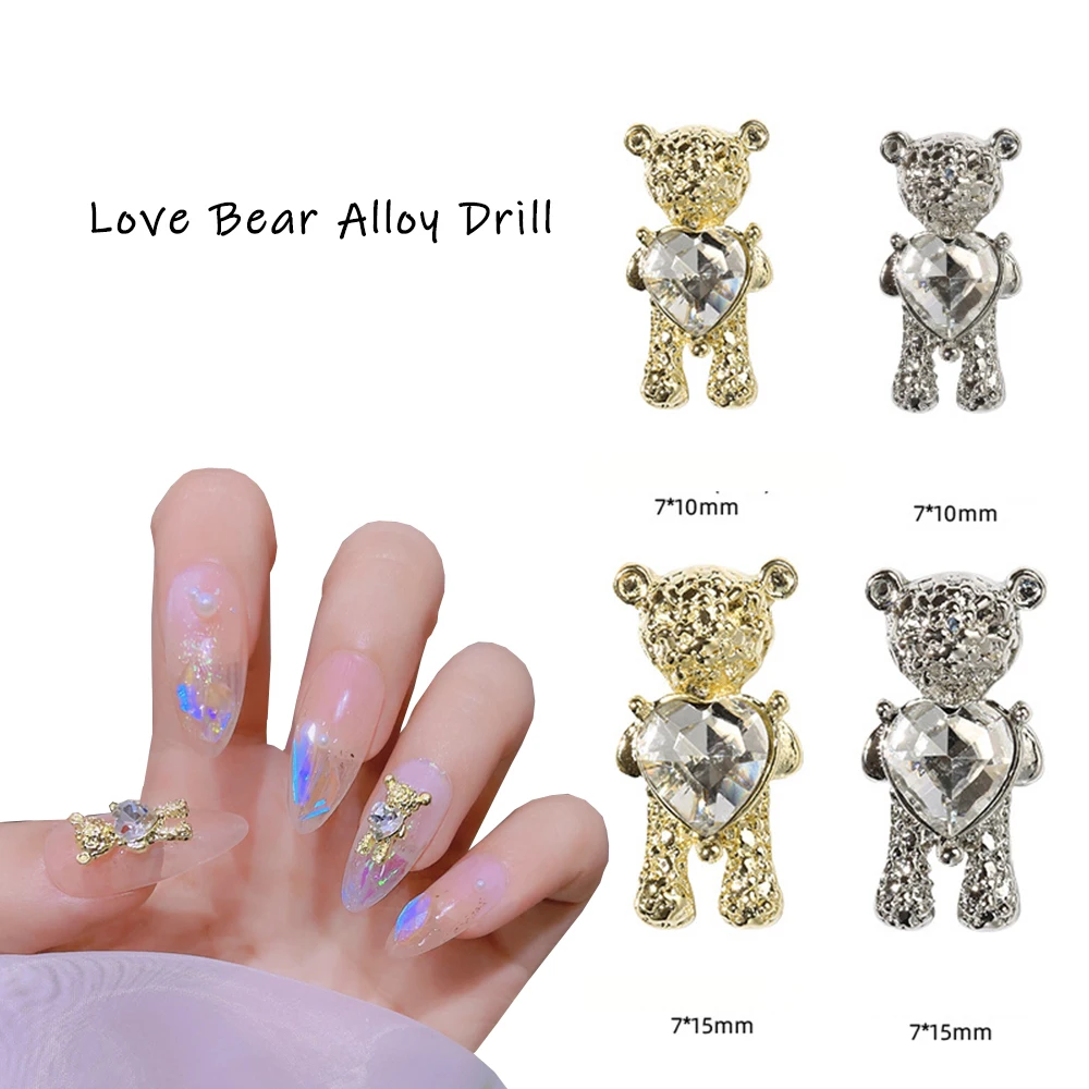 

10Pc 3D Cute Alloy Bear Nail Art Charm With Crystal Heart Shiny Nail Art Decorations Parts DIY Nail Meta Jewelry (7X10mm/7X15mm)