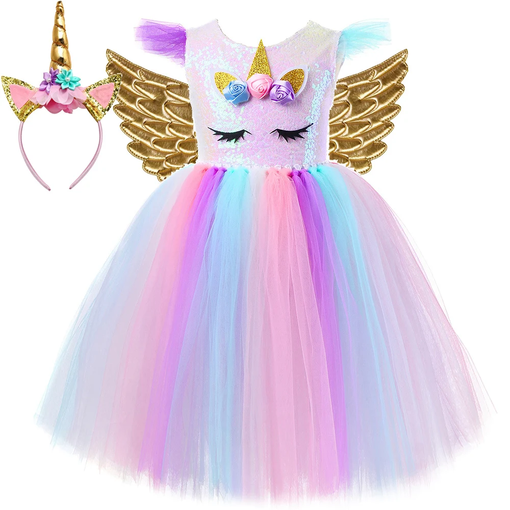 Unicorn Princess Dresses for Girls Birthday Halloween Costumes with Wings Children Long Tutu Dress Kids Toddler Baby Outfits |