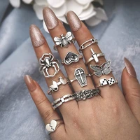 new fashion vintage cross spider butterlfy heart mushroom rings set for women punk gothic aesthetic blade poker pin knuckle ring