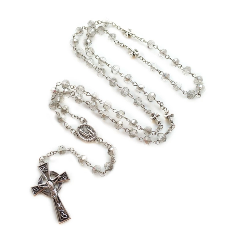 

Gray Crystal Rosary Necklaces Long Pendant Women Beaded Religious Jewelry
