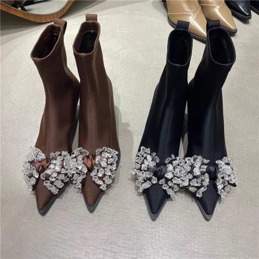 

Pointed Toe Women Ankle Boots 2022 New Arricals Crystal Rhinestone Sock Booties Thin Mid Heels Bow Design Slip On Stretch Shoes