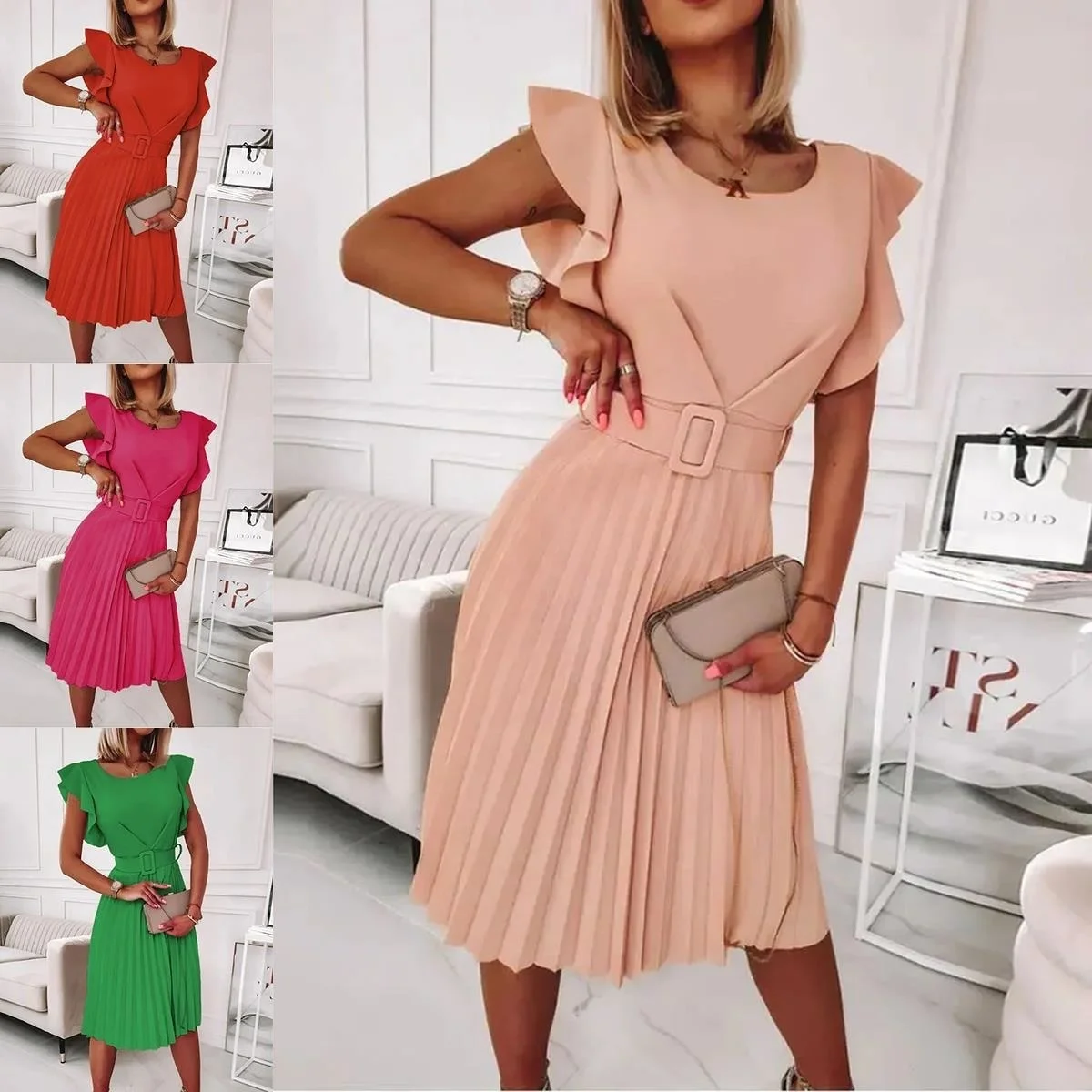 

Популярное платье, приталенное, на весну и лето, новое платье с круглым вырезом и оборками и поясом