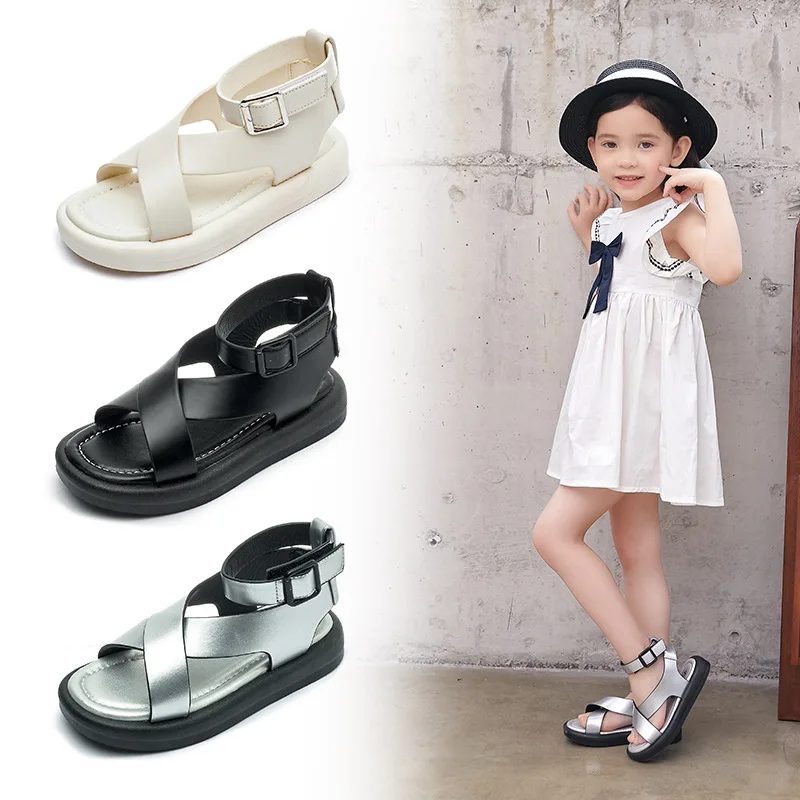 

Kids Sandals Girls Beach Shoes 2022 Summer New Boys Soft Black Fashion Children Unisex Flat Cool Solid Black PU Open Toes Casual