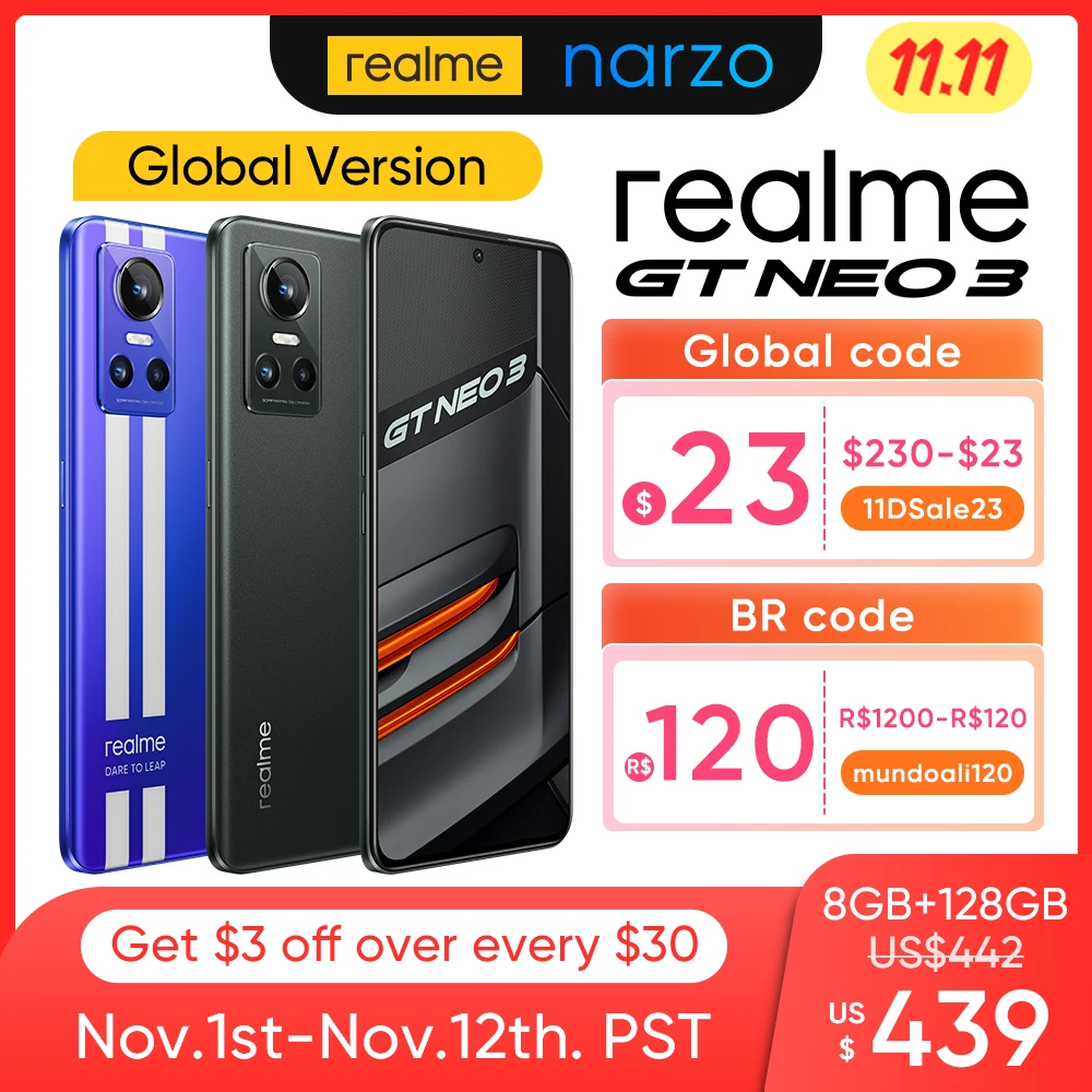 Kup Realme GT NEO 3 Telefony Komórkowe 5G 80W SuperDart Charge Dimensity 8100 Sony IMX766 OIS Kamera 120Hz 6.72