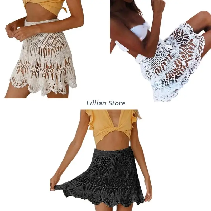 

Женский купальник со шнуровкой и эластичной талией, накидка, мини-юбка, вязаная крючком, трапециевидная, с расклешенным подолом, прозрачное ...