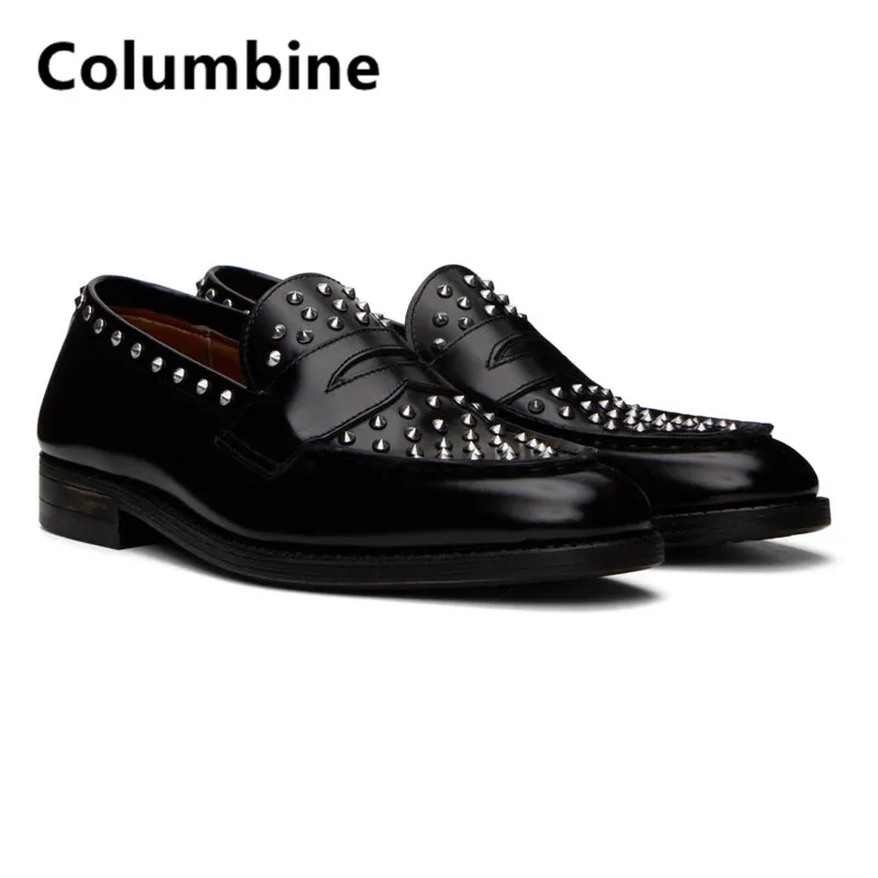 

Черные мужские туфли ручной работы, модная новинка 2023, женская обувь с шипами, серебряные блестящие лоферы, обувь для подиума, блестящая женская обувь