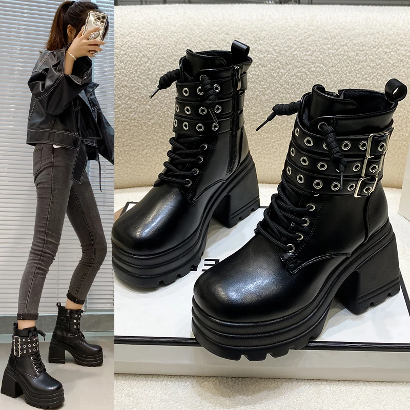 

Women Fashion Platform Boots 2024 Autumn Winter Designer Gothic Zipper Ankle Boots High Heels Motorcycle Boots Bota De Vaqueiro