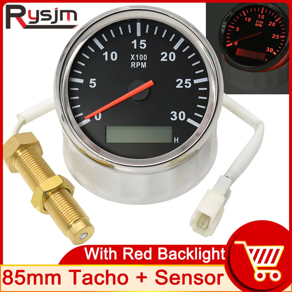 HD 3K RPM Tachometer Gauge + Tacho Sensor REV Counter with Hour Meter 85mm 3000 RPM Meter Gasoline Diesel 12V 24V Waterproof