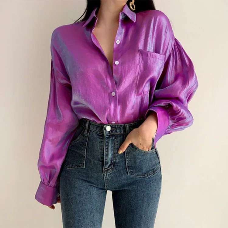 

2022 Spring Satin Women's Shirt Long Lantern Sleeve Loose Casual Shirts Female Autumn Fashion Elegant Vintage Ladies