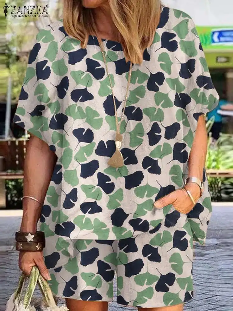 

2PCS ZANZEA Bohemian Women Printing Matching Sets Suit Summer O-Neck Half Sleeve Tracksuit Fashion Casual Loose Beach Short Pant