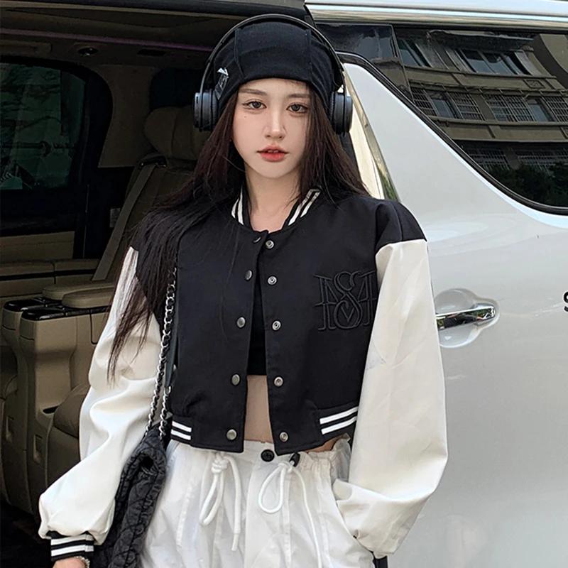 

Куртка-бомбер с контрастной вышивкой, Повседневная Свободная короткая куртка, новинка 2022 года