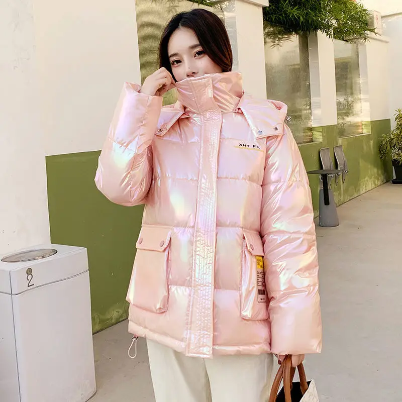 Hooded Down Women's Parka Fashion Mid-length Jacket Coat Bright Gloosy Padded Jacket Loose Warm Cotton Padded News Clothes S52