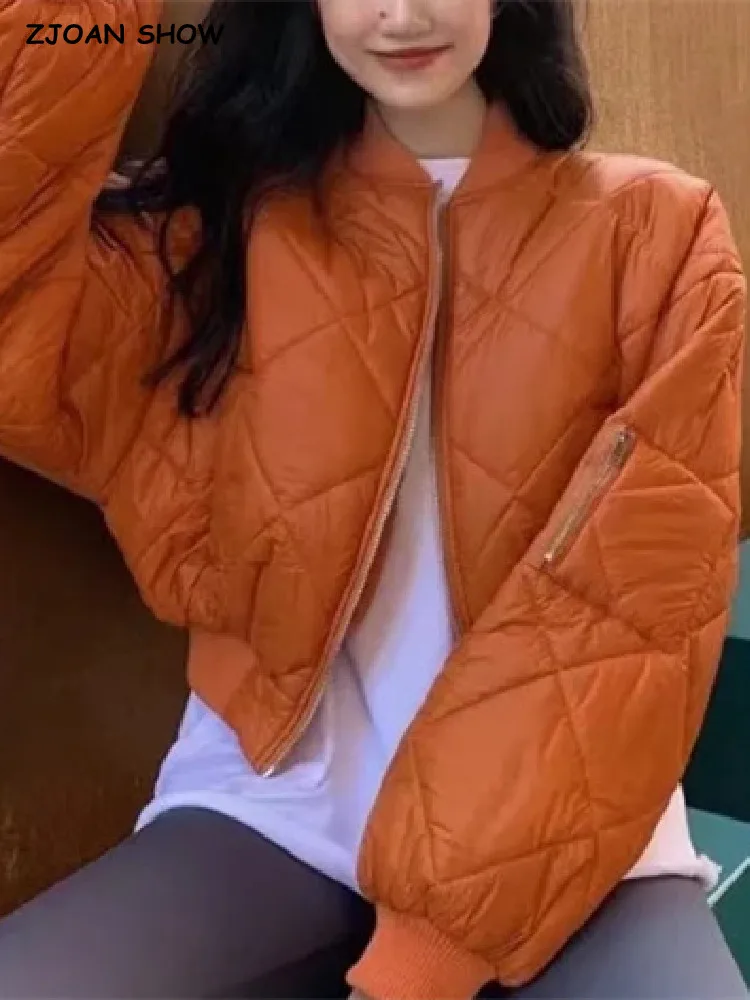 

2022 Autumn Winter Stand Collar Crop Parka Coat Orange Women Streetwear Rib Hem Zipper Quilting Full Sleeve Warm Bomber Jacket