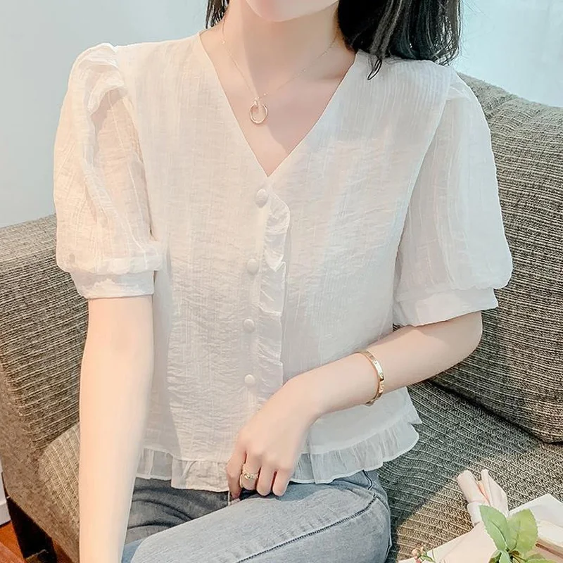 Новая корейская модная блузка с оборками Sumemr коротким рукавом и V-образным