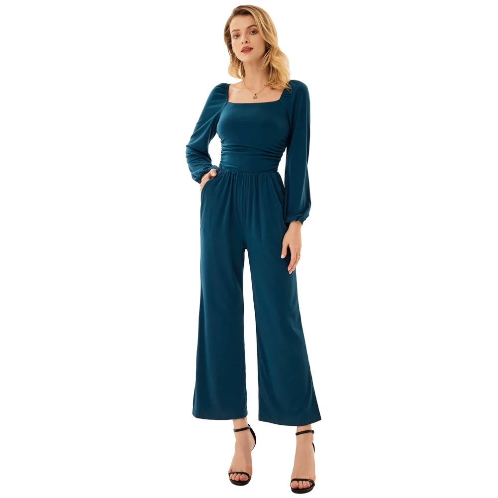 

GK Women Ruched Jumpsuit Long Sleeve Square Neck/Off Shoulder One-Piece Casual Looes High Waist Trousers Wide Leg Jumpsuits