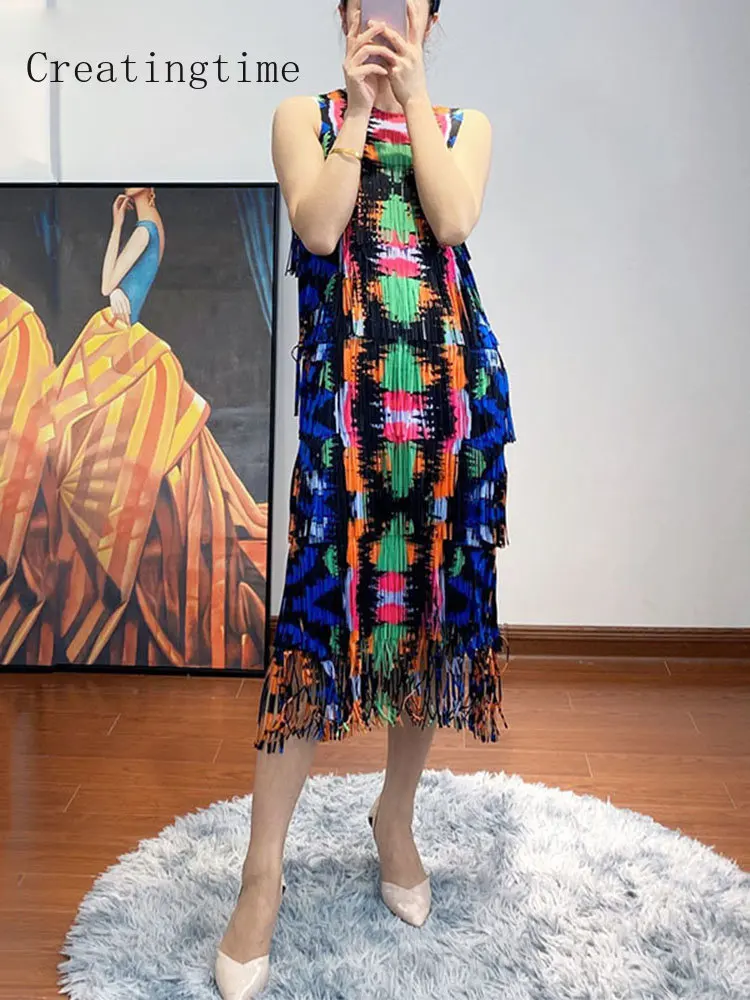 

Colorblock Print Tassels Pleated Long Dress Women's 2023 Summer New Sleeveless Slim High Waist Beach Style Female Clothing 1A958