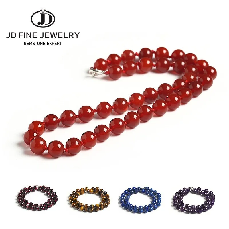 

JD 10mm/12mm Red Agate Tiger Eyes Stone Plus Beads Choker Necklace Handmade Colorful Smooth Round Stone Jewelry About 17"-20"