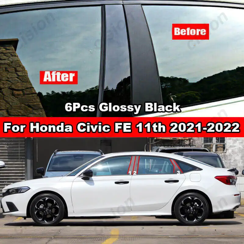 6Pcs Glossy Black Carbon Fiber Car Door Window Column BC Pillar Post Cover Trim PC Sticker For Honda Civic FE Sedan 2021-2022