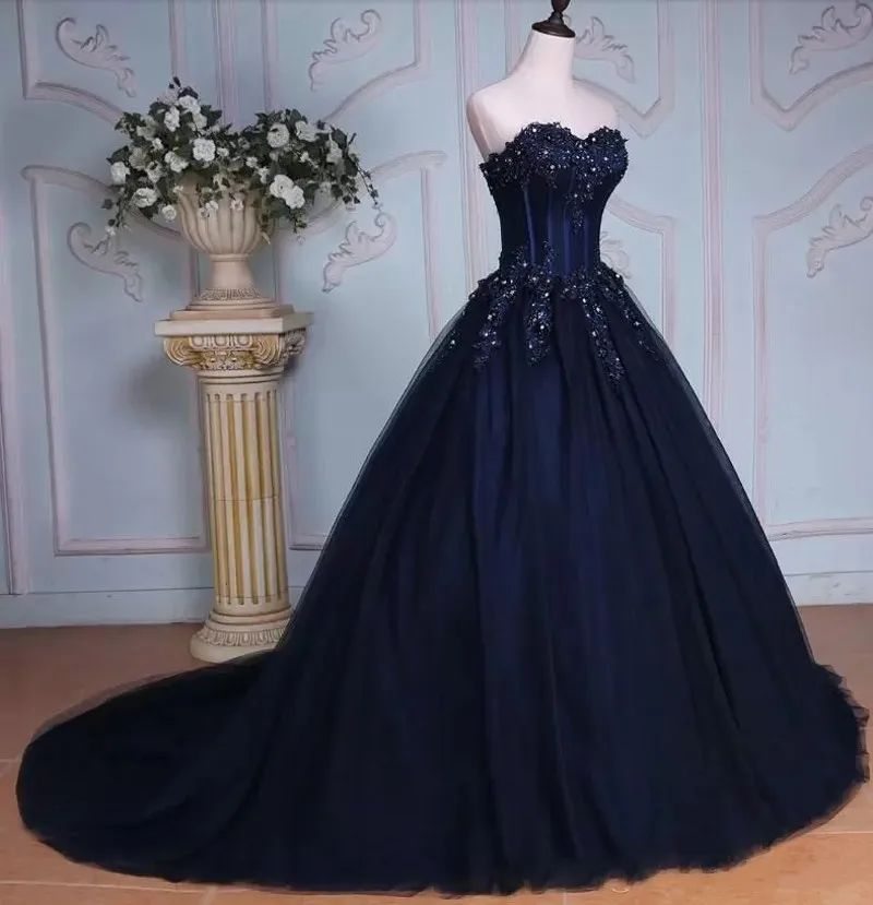 

Navy Blue A-line Long Colorful Wedding Dress Sweetheart Beaded Lace Appliques Corset Bride Gown Vestidos De Noiva Robe De Mariee