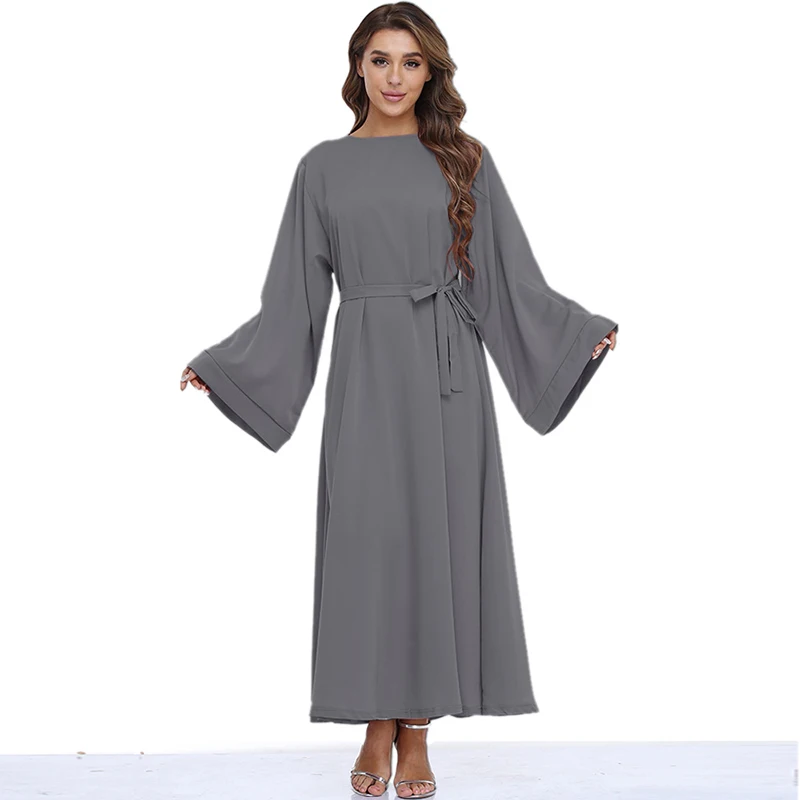 Maxi Dress Long Sleeves For Muslim Woman Summer With Belt O Neck Arabic Middle East Plus Size Eid Modest Islamic Dresses Ladies