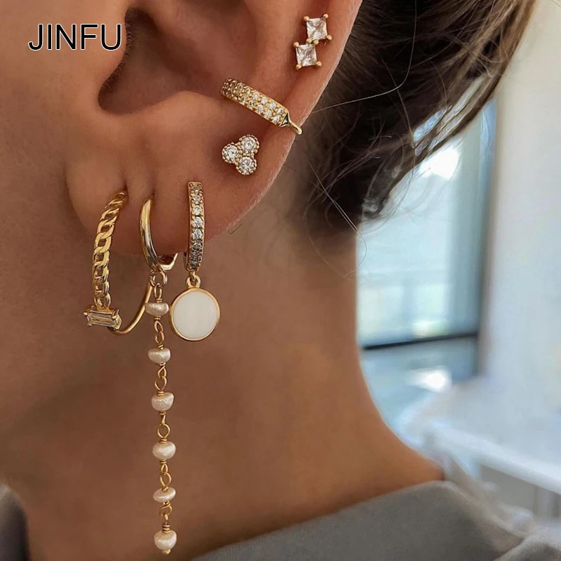 

JINFU Copper Gold Plated Stud Earrings For Women Fashion CZ Zircon Threaded Needle Piercing Stud Earrings 2022 Jewelry Wholesale