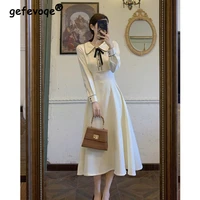korean preppy style solid long sleeve bow peter pan collar dress womens clothing 2022 spring autumn french vintage midi dresses