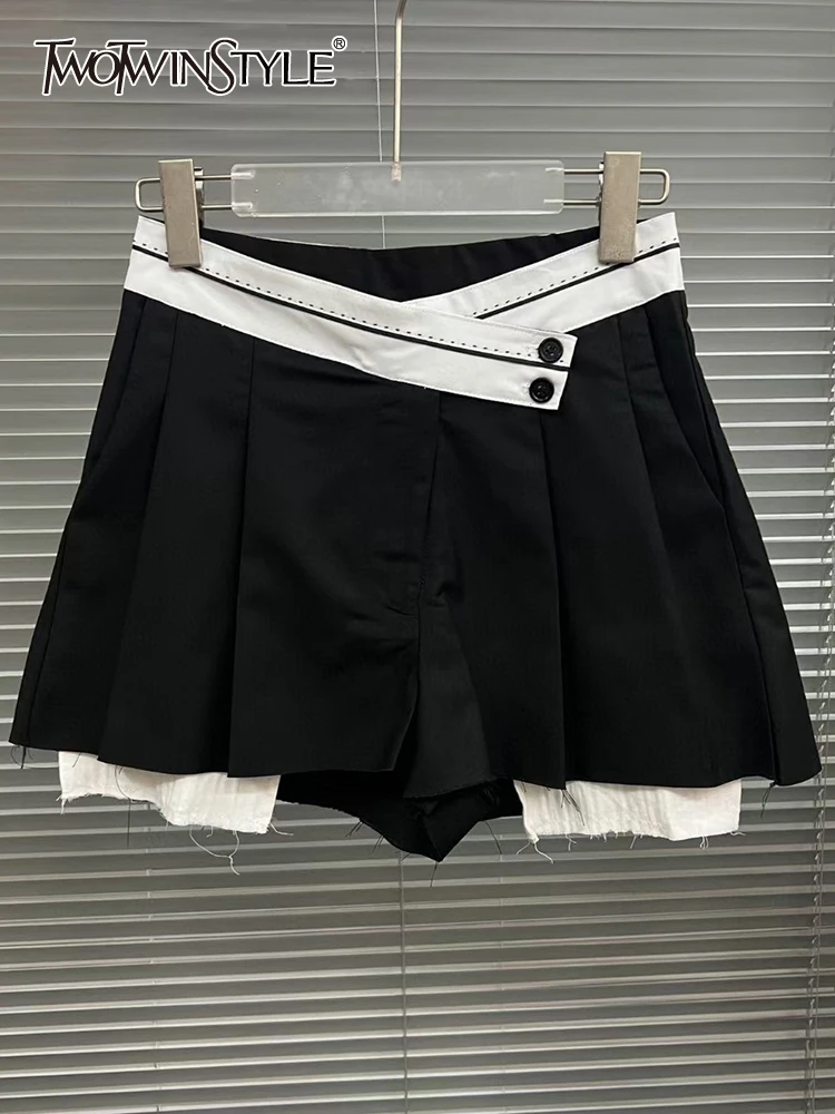 

TWOTWINSTYLE Asymmetrical Wide Leg Shorts Female High Waist Hit Color Ruched Slim Short Trousers For Women Spring Clothes New