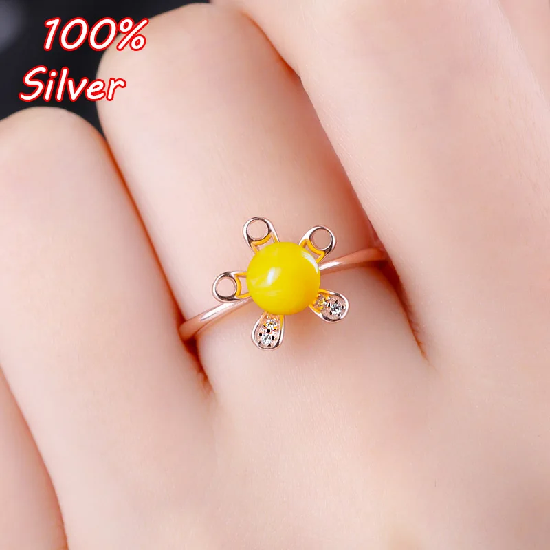 

925 Sterling Silver Color Round Bead Ring Empty 9MM-12MM Support Beeswax Ring Care Turquoise Ring Sterling Silver Empty Support