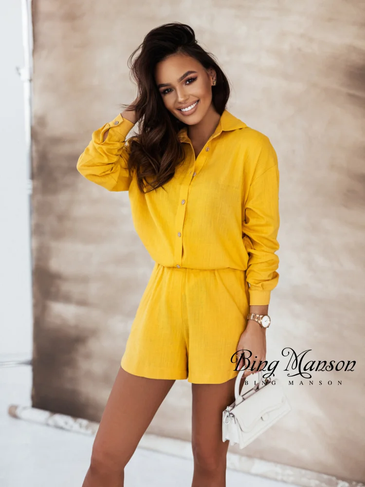 2023 Summer Women's Casual Loose Shirt Shorts Set Shirt Shorts Two Piece Printed Solid Color Fashion Piece Street Clothing