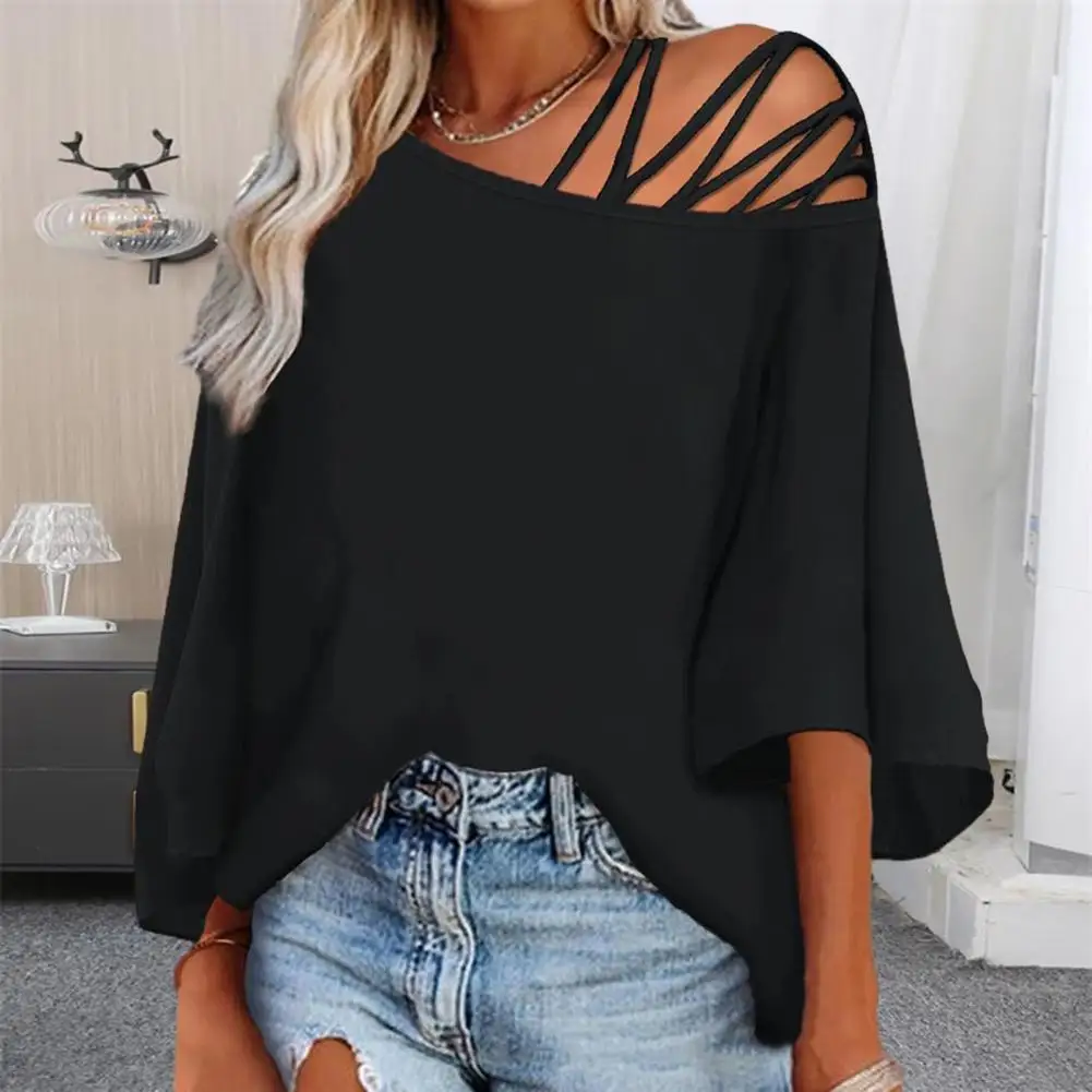 

Hollow Out Women Top Women One Shoulder Top Soft Breathable Women's T-shirt Hollow Out One Shoulder Oblique Neck Solid Color