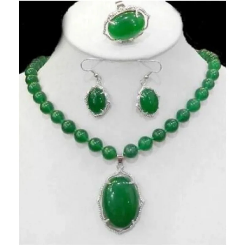

new hot Natural Charming Green Jade Gems tone Necklace Ring Earring Jewelry Sets