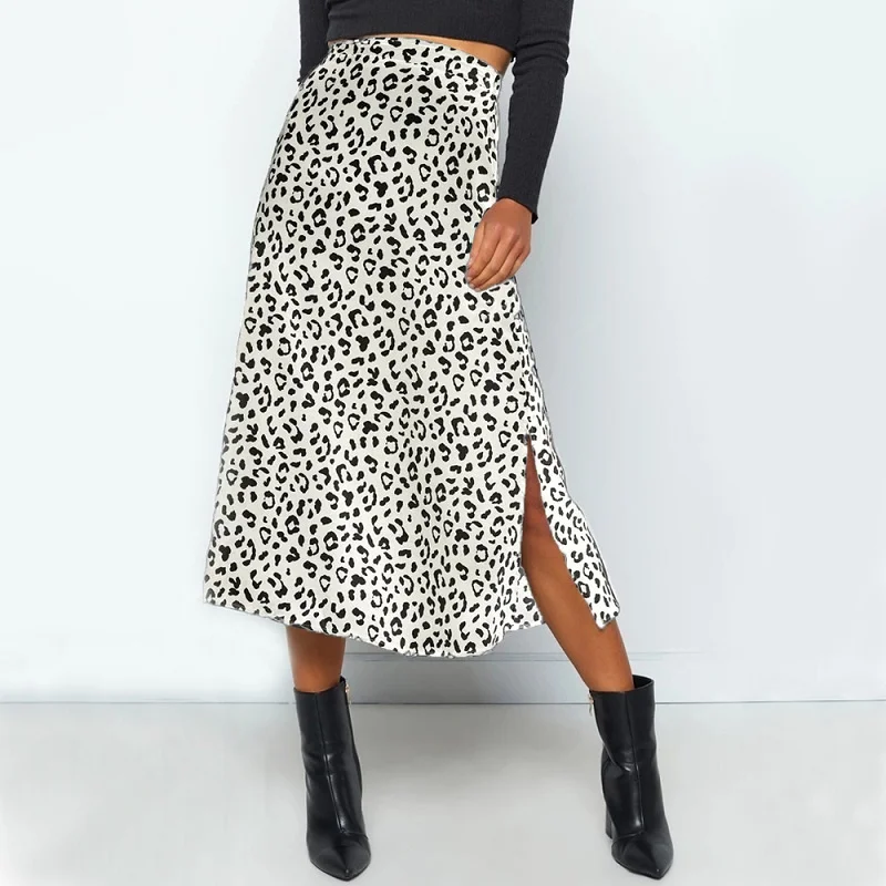 

Summer women vintage elegant beach midi boho skirt 2021 Women Leopard print split sexy zip skirts womens Casual skirts female
