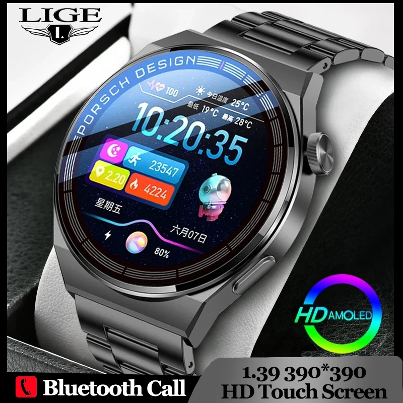 

LIGE AMOLED 390*390 HD Screen Smart Watch Men Custom Dial Digital Clocks IP68 Waterproof Bluetooth Wrist Watches Mens Smartwatch