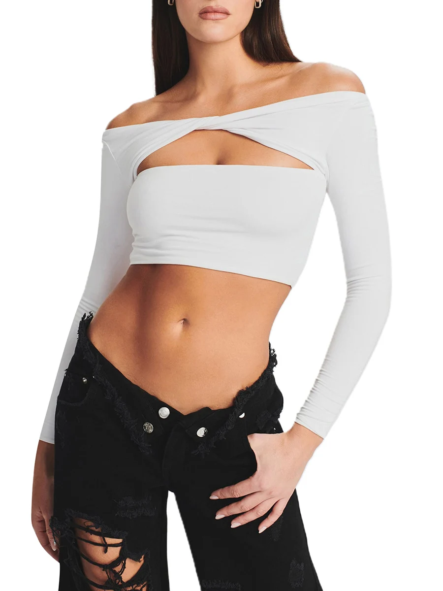 

2023 Y2K Style Women Fitted Crop Tops Fashion Sexy Twisted Cutout Long Sleeve Off-Shoulder Shirt Summer Streetwear Clubwear