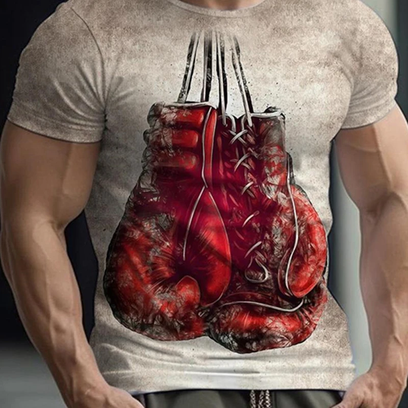 Boxing Gloves T-shirts Men's Gym Fitness Sports T-shirt Clothing O-neck Short Sleeve Retro 3D Print Casual Fashion Loose Tees
